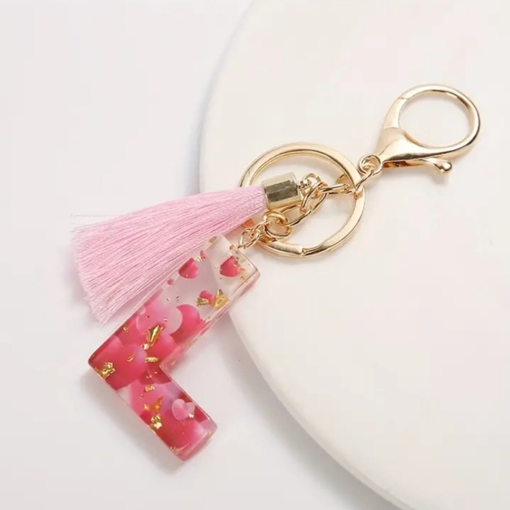NEW! Resin Letter "L" 💕Hearts Tassel Keychain Purse Charm ~ Backpack, Bag, Car